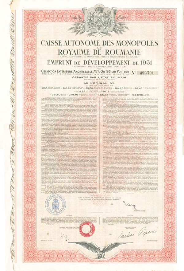 Caisse Autonome Des Monopoles Du Royaume De Roumanie - Romanian Bond